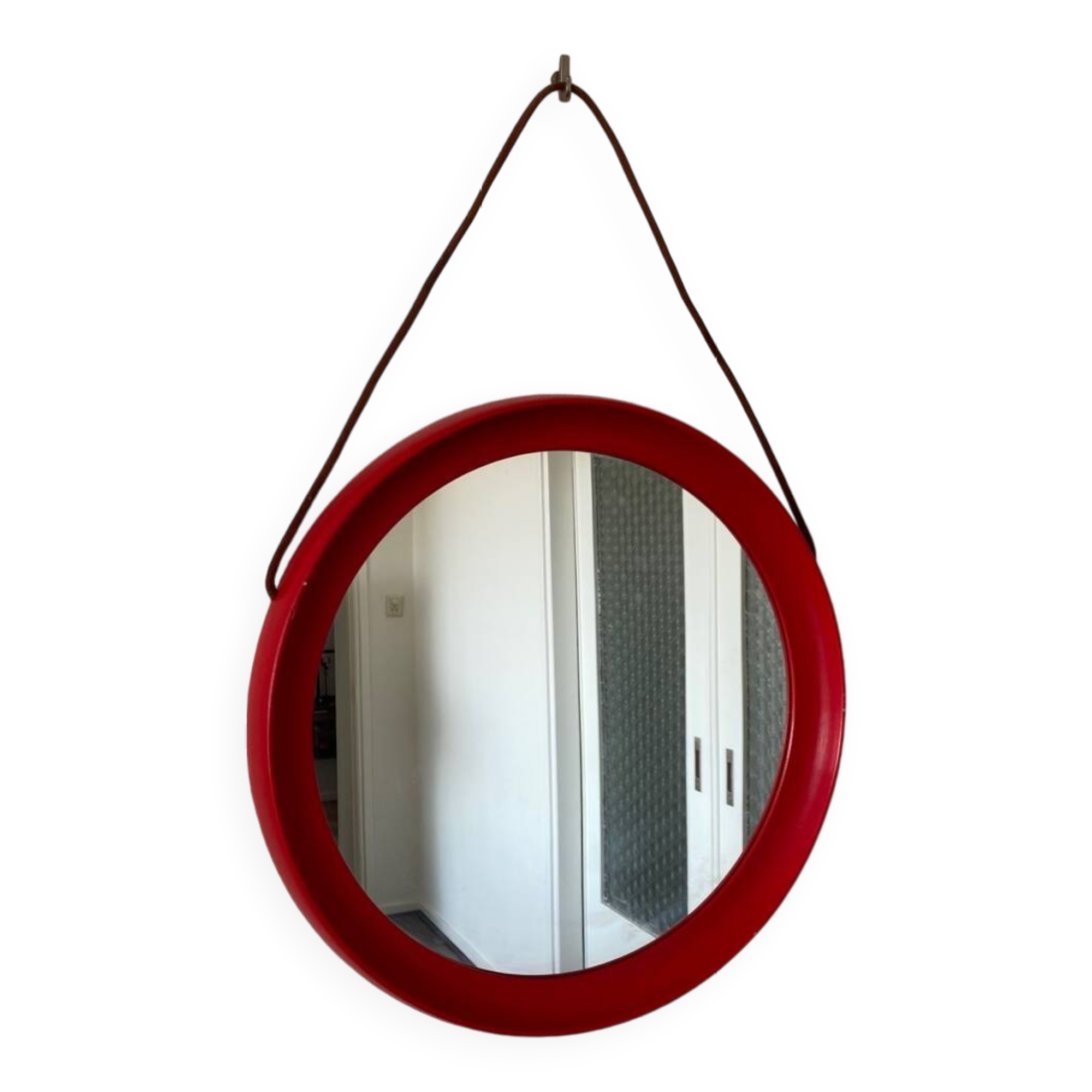Mid-Century Scandinavian Red Round Wooden Mirror with Leather Strap, 1950s