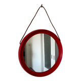 Mid-Century Scandinavian Red Round Wooden Mirror with Leather Strap, 1950s