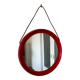 Mid-Century Scandinavian Red Round Wooden Mirror with Leather Strap, 1950s