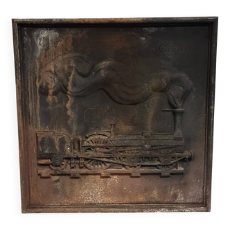 Napoleon III era cast iron fireplace plaque depicting a locomotive