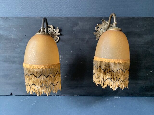 Pair of vintage wall lamps, glass paste and fringes, art deco, XXth