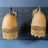 Pair of vintage wall lamps, glass paste and fringes, art deco, XXth