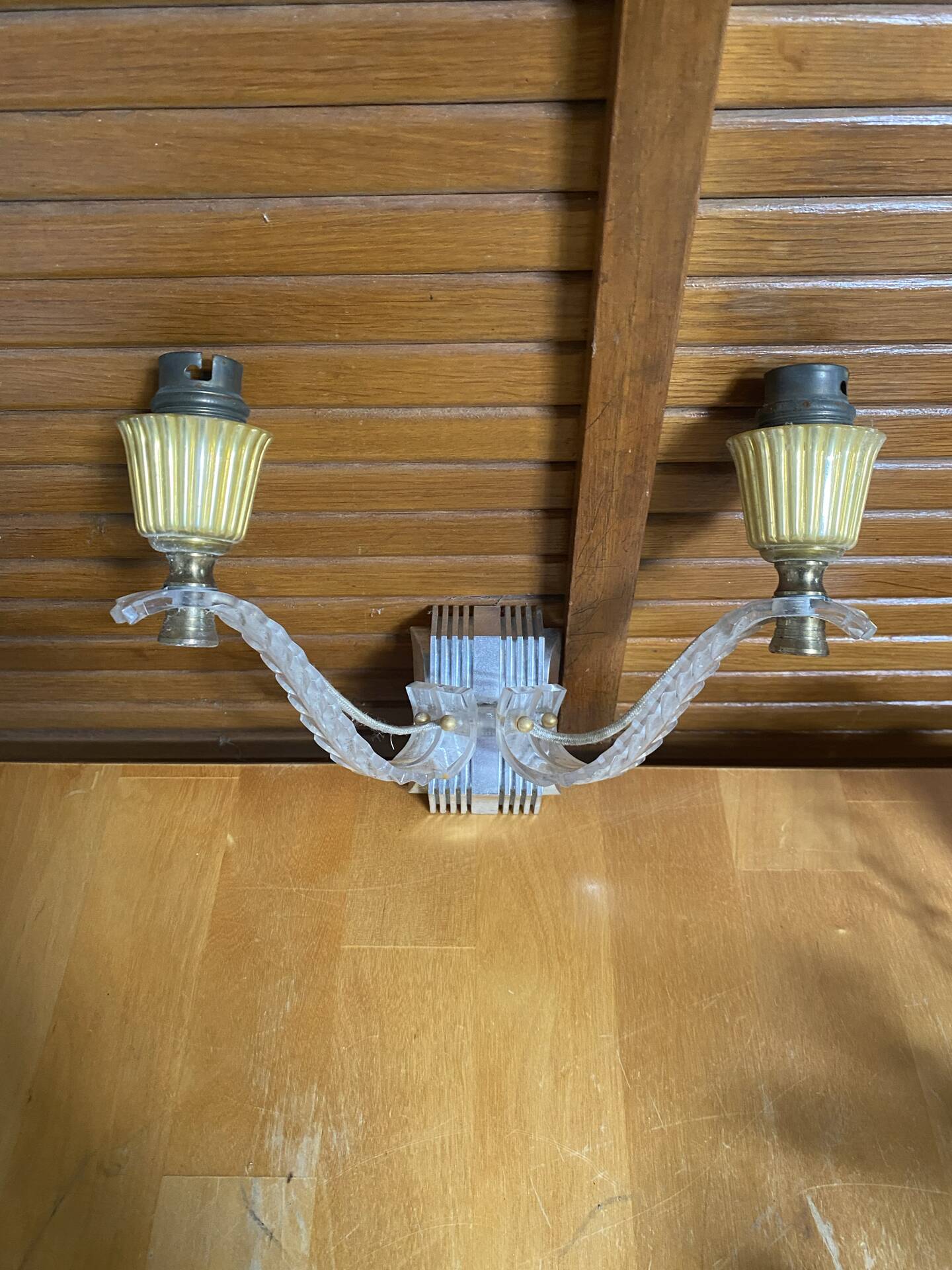 Chandelier + pair of wall lights in the old style jules leleu gilded + perspex plexi
