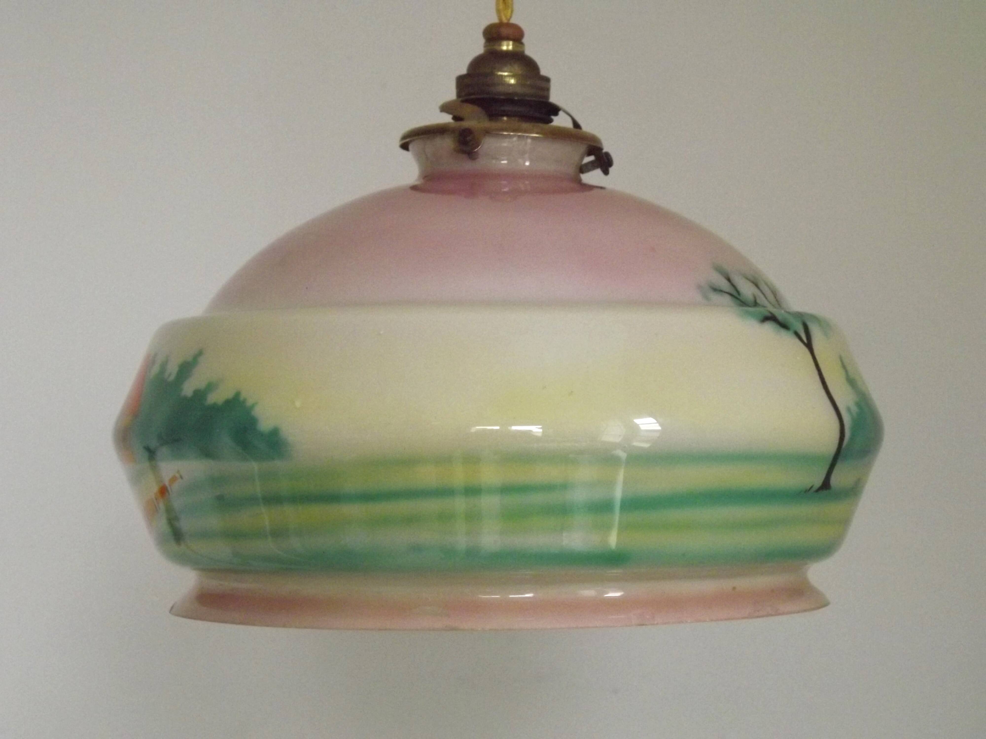 French Art Deco Pink & Cream Pendant Light with House and Tree Design