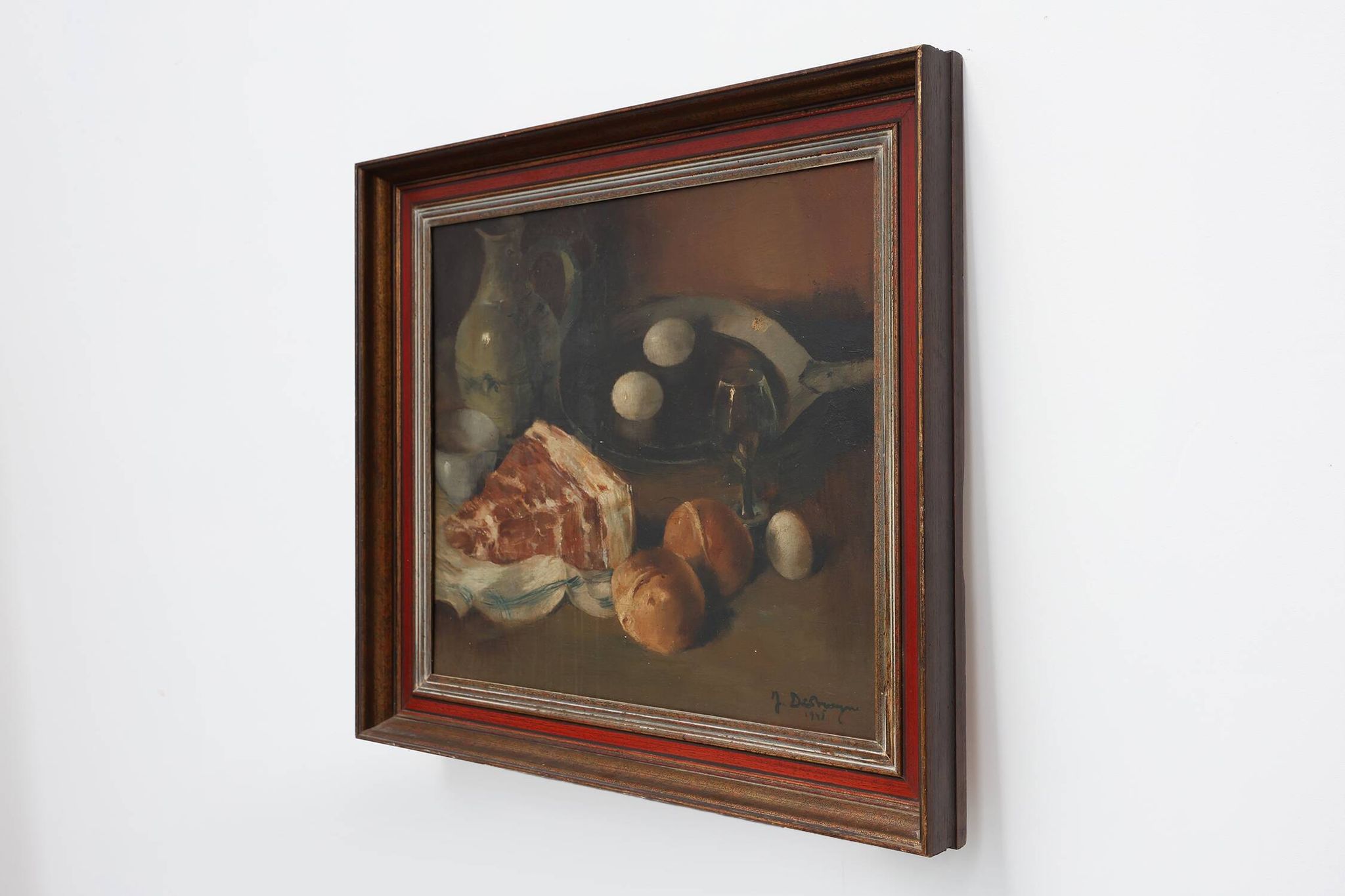 Flemish realist still life with ham, eggs and bread, signed and dated