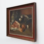 Flemish realist still life with ham, eggs and bread, signed and dated