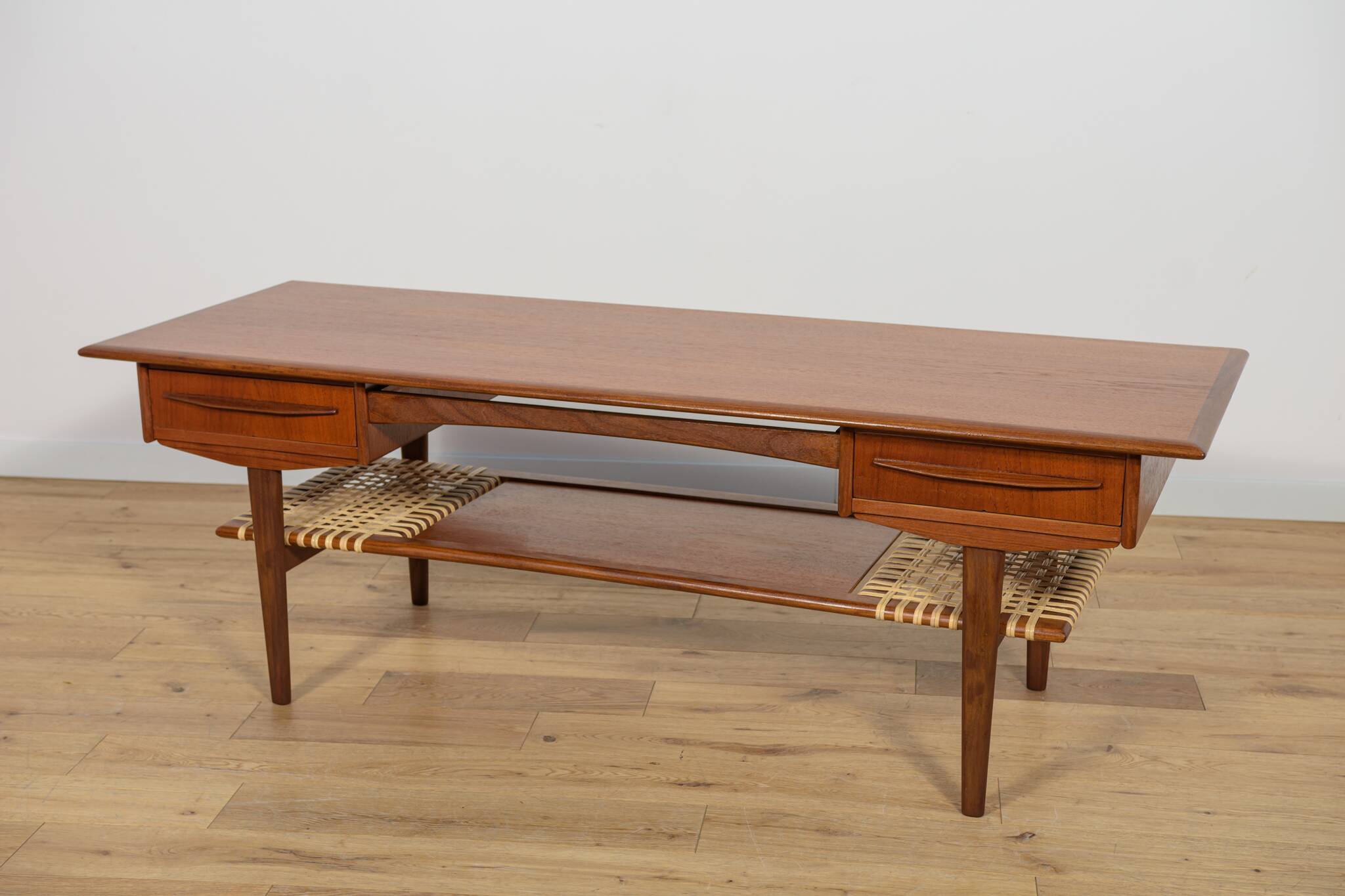 Mid-Century Teak & Rattan Coffee Table, Denmark, 1960s