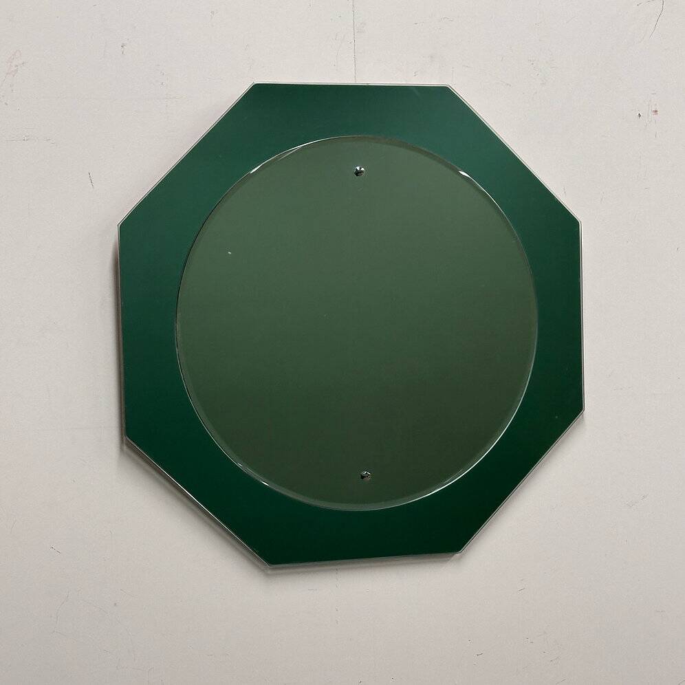 Miroir en verre aqua octogonal italien, miroir central rose doux, années 1970.