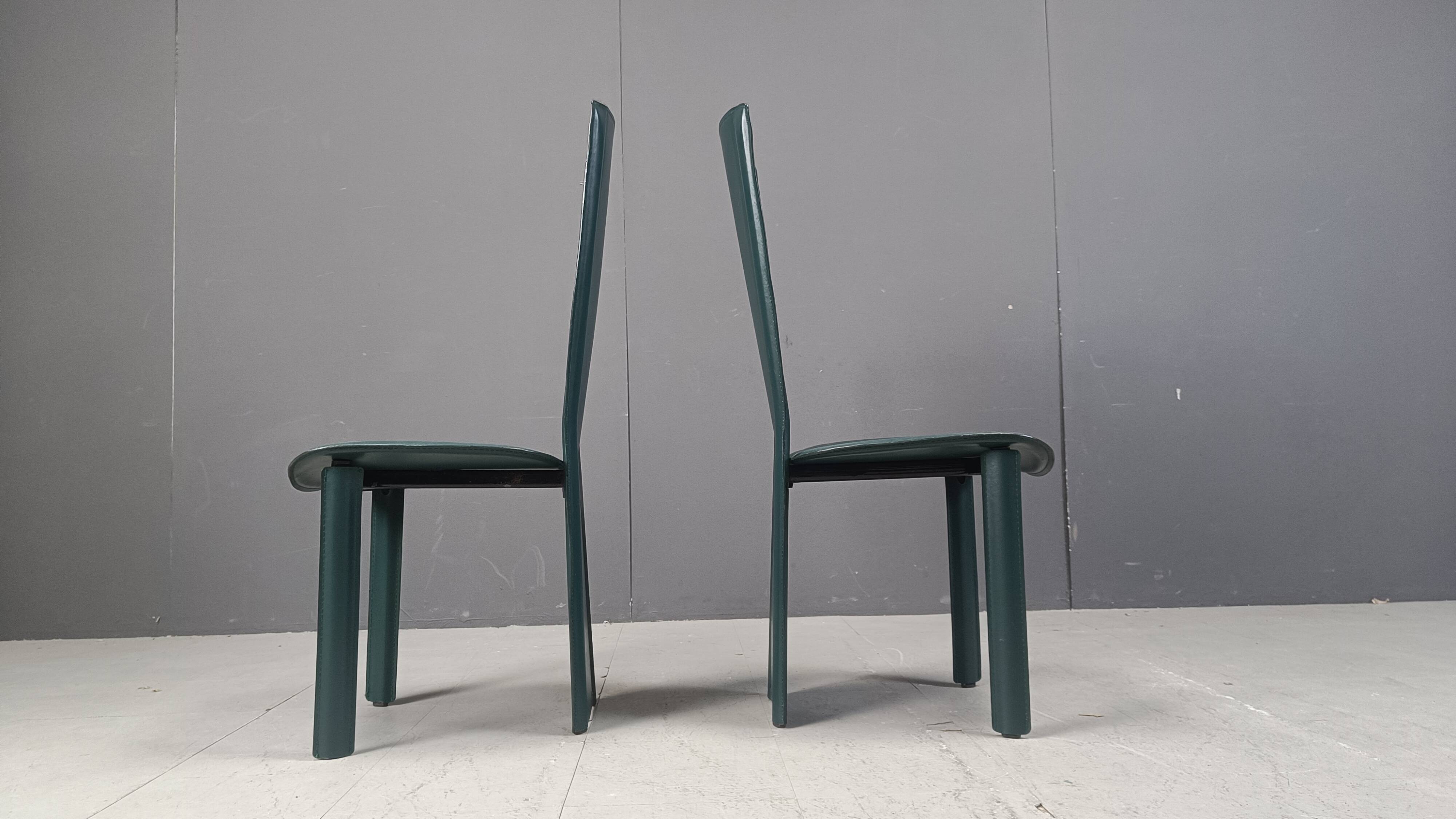 Vintage green leather dining chairs, 1980s - set of 4