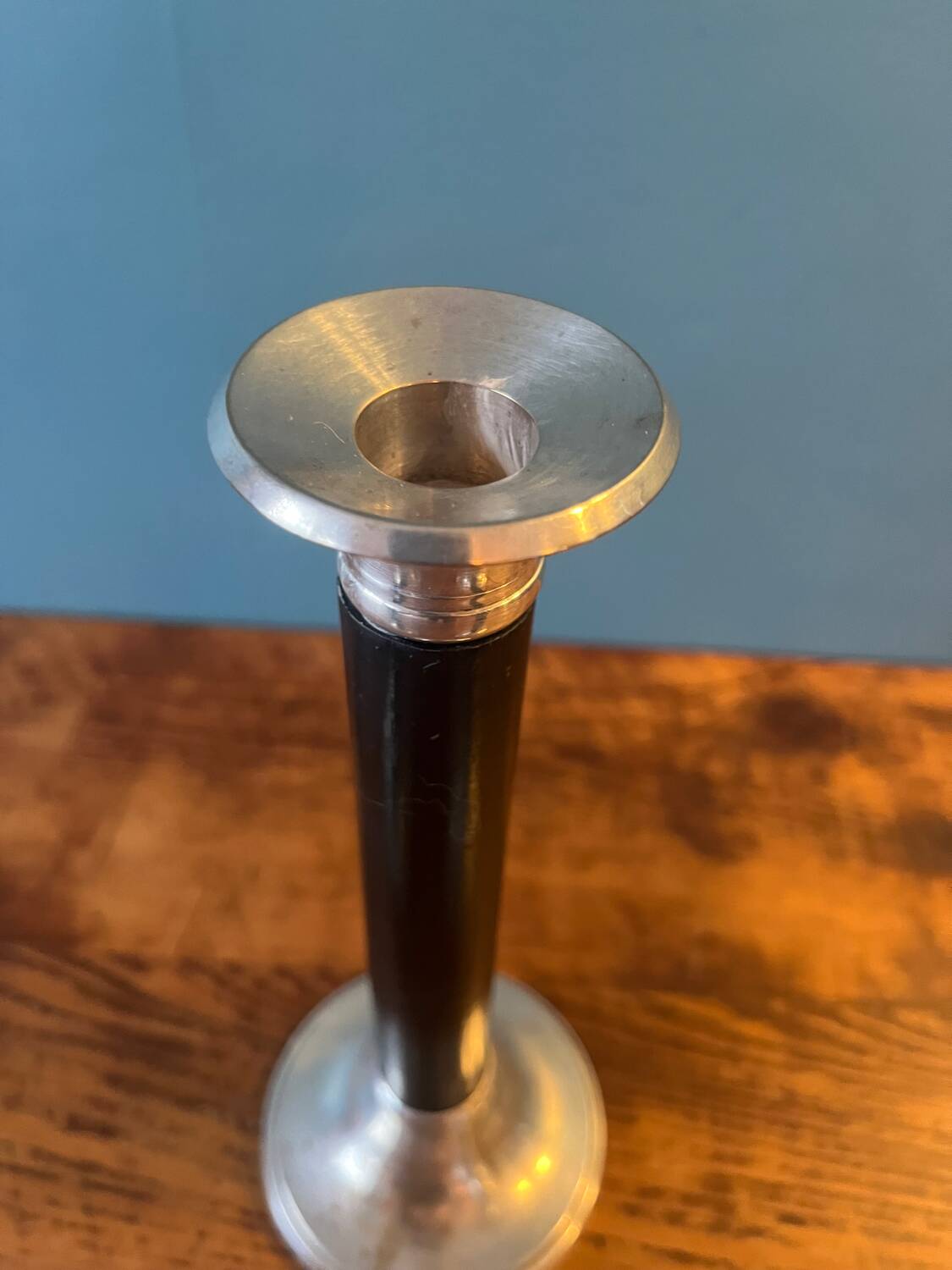 Trio of metal and wood candlesticks from the 80s