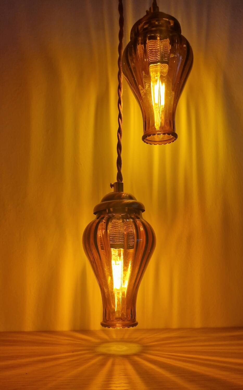 Duo of brown smoked glass portable lamps