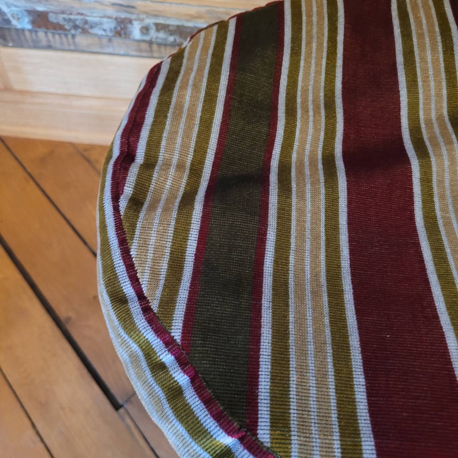 Black bamboo pouf with striped velvet seat pad – vintage 1970s