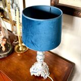 Rouen earthenware and blue velvet table lamp