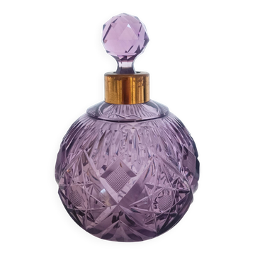 Lilac Hand Cut Crystal Glass And Brass Parfume Bottle, Italy