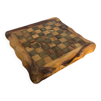 Ancien Plateau Jeu De Dames Échecs Solitaire Domino En Bois Olivier Brut