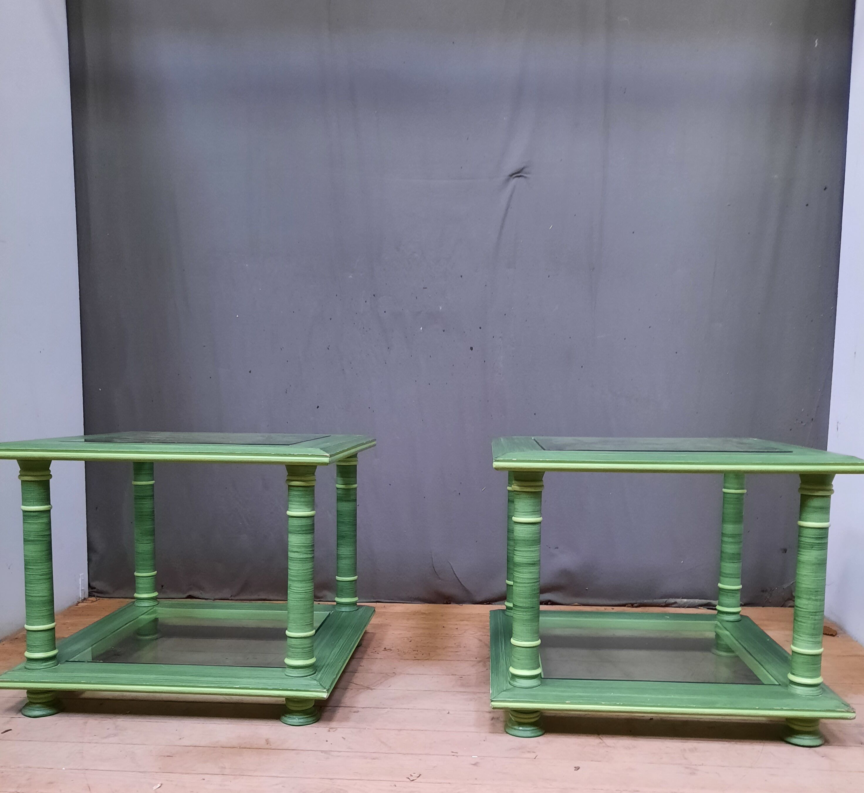 Pair of square sofa ends made of green ceruse wood