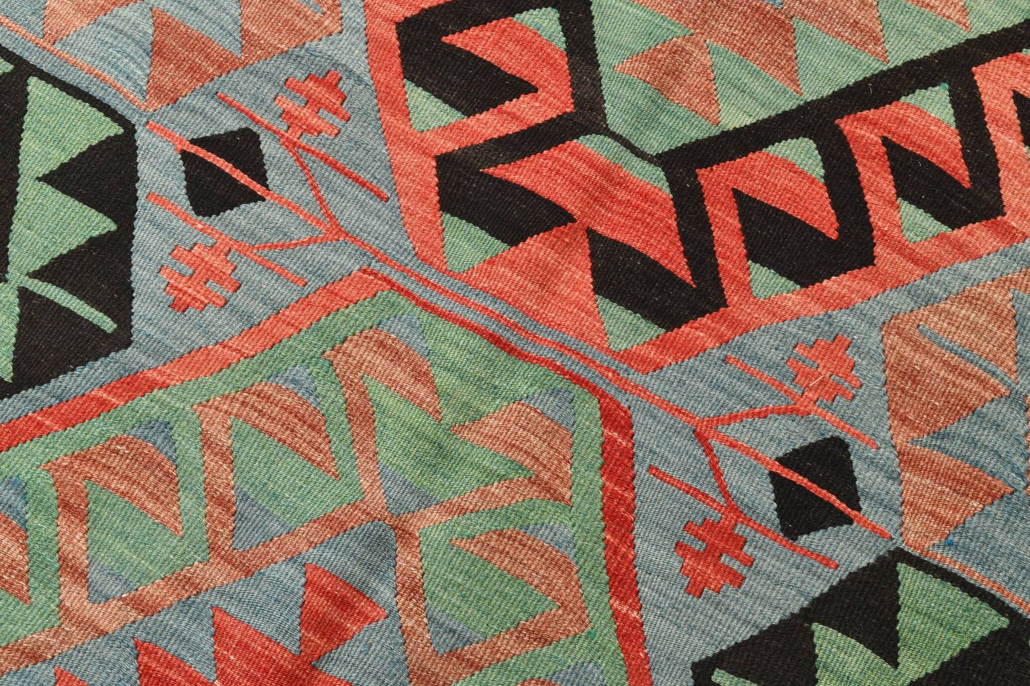 Kilim vintage anatolien tons bleu, vert et rouge géométrique, 160x317 Cm