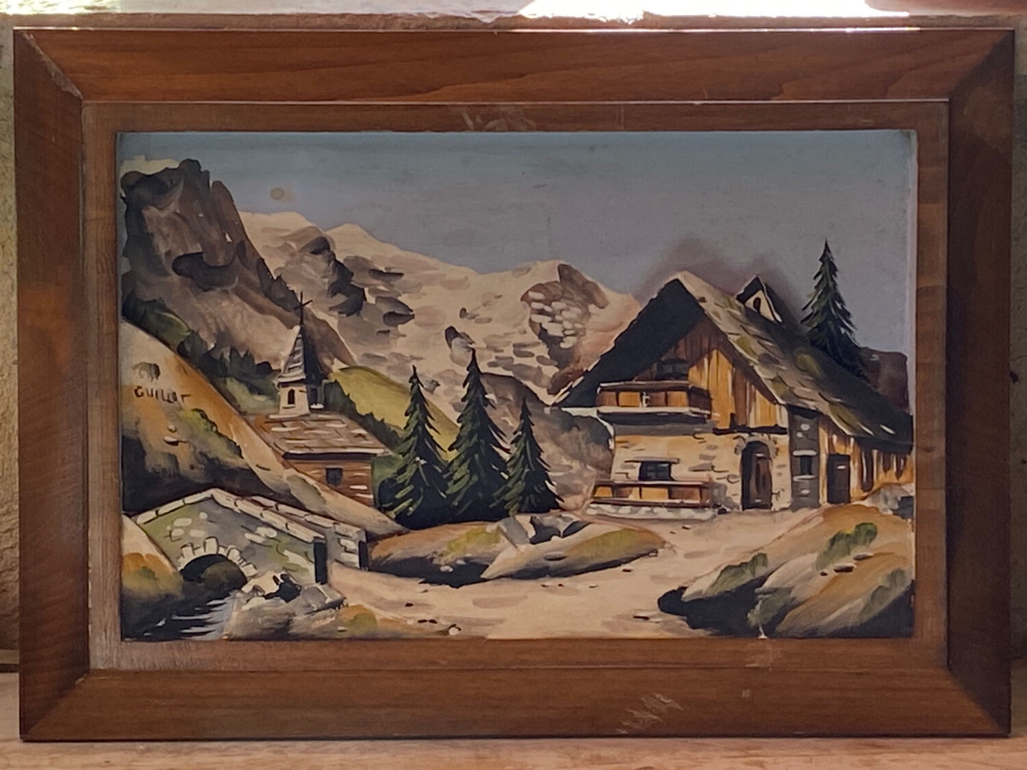 Relief painting signed Guillot mountain village