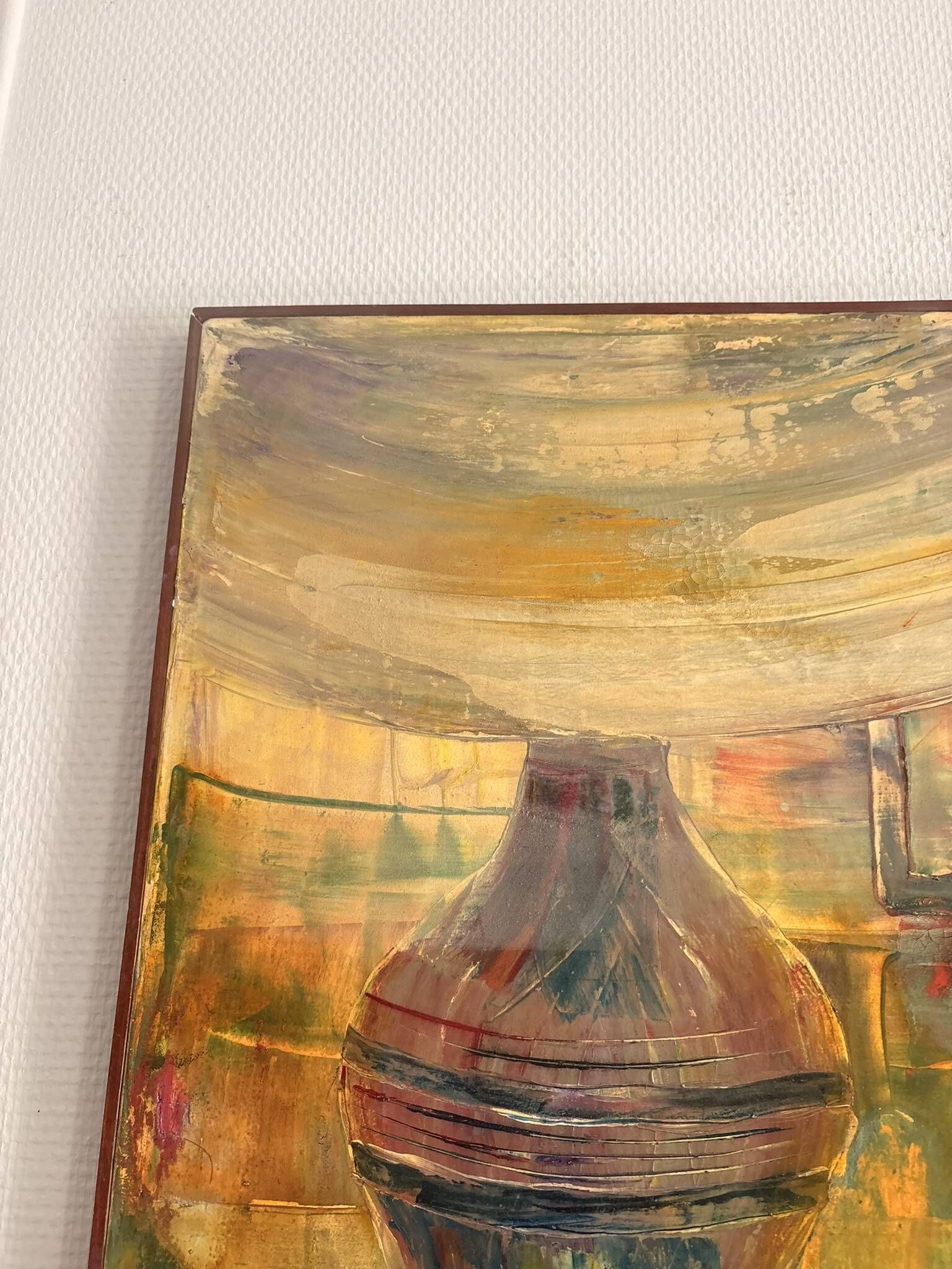 Old Oil Painting Canvas Still Life Lamp Book Modernist