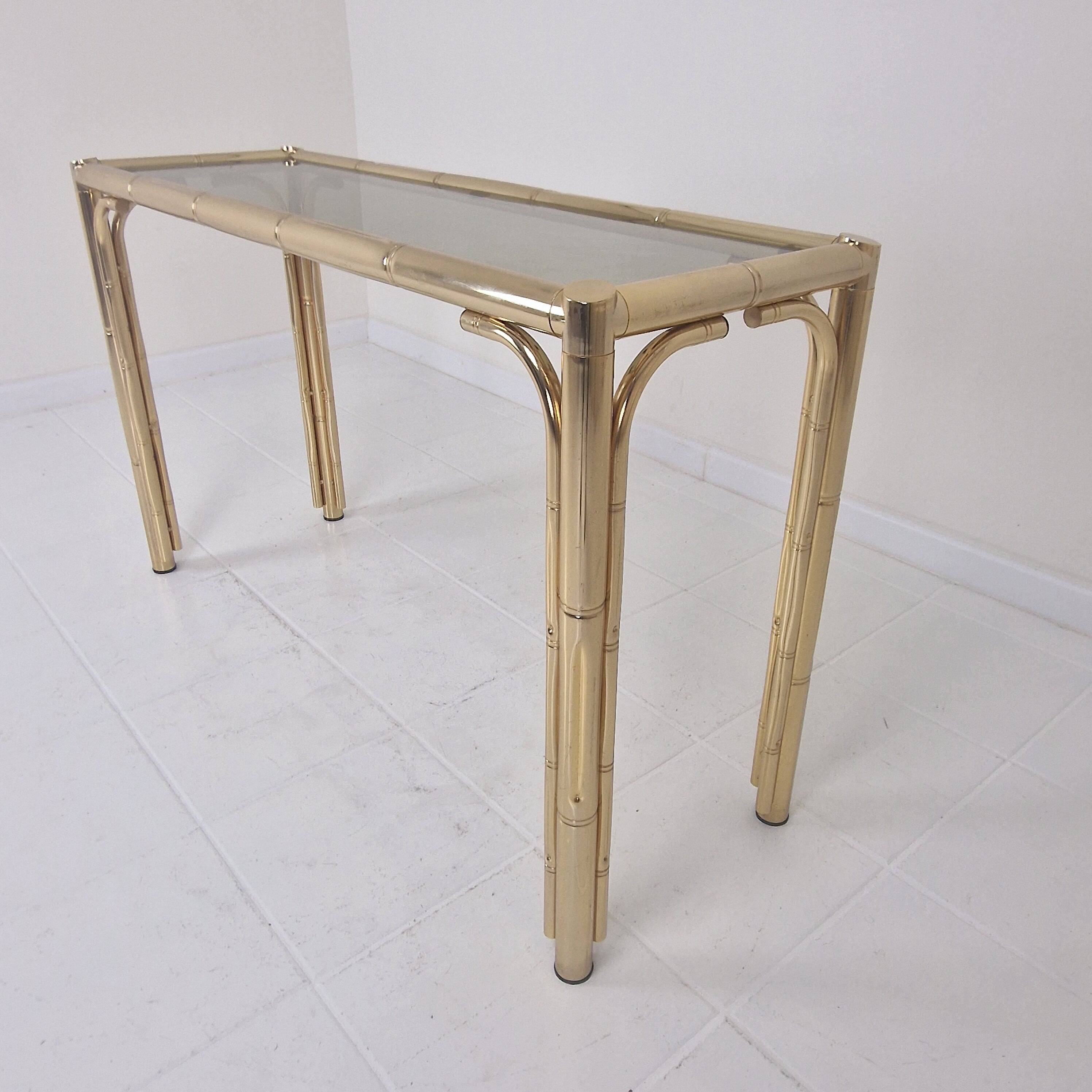 Italian Rectangle Side Table in Brass Bamboo and Smoked Glass, 1970s