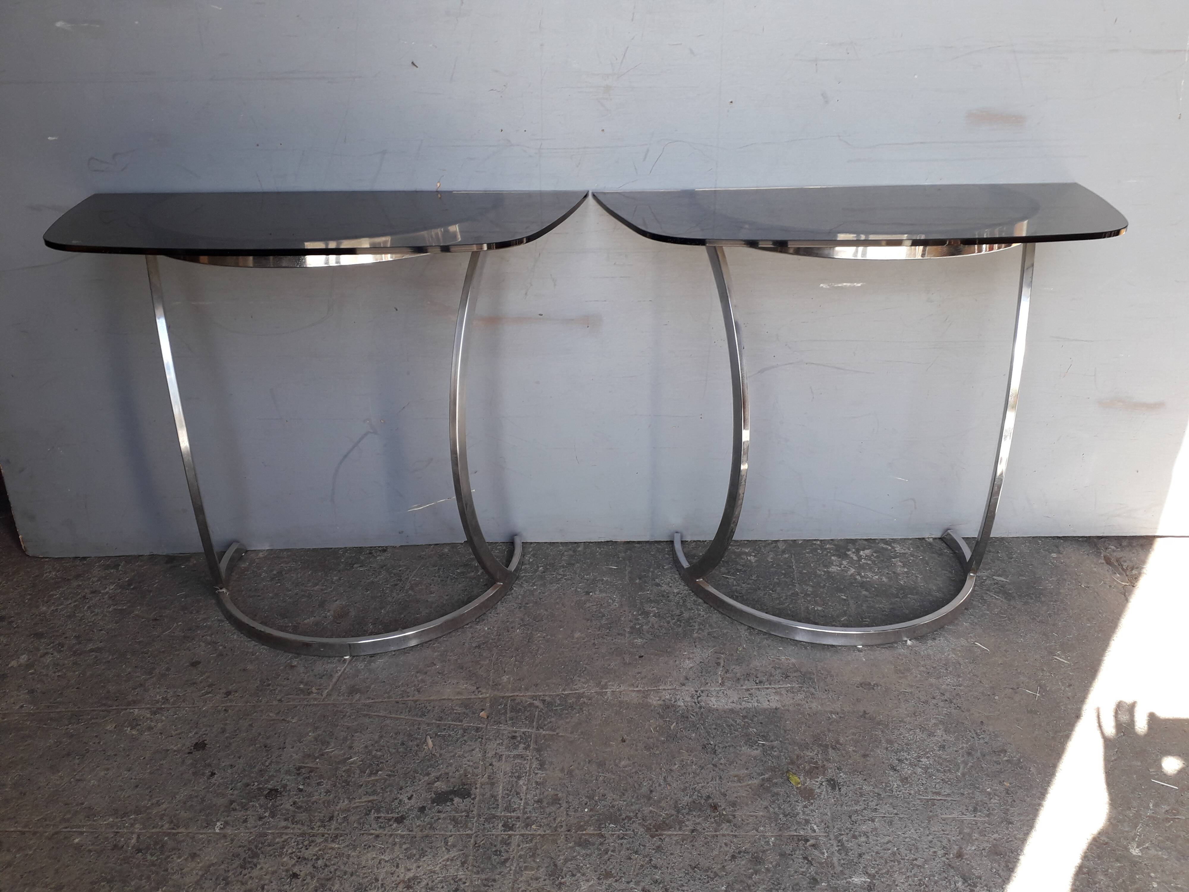 Paire de console demi lune chrome et verre ep 1970