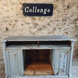 Antique oak counter with zinc top and blue patina