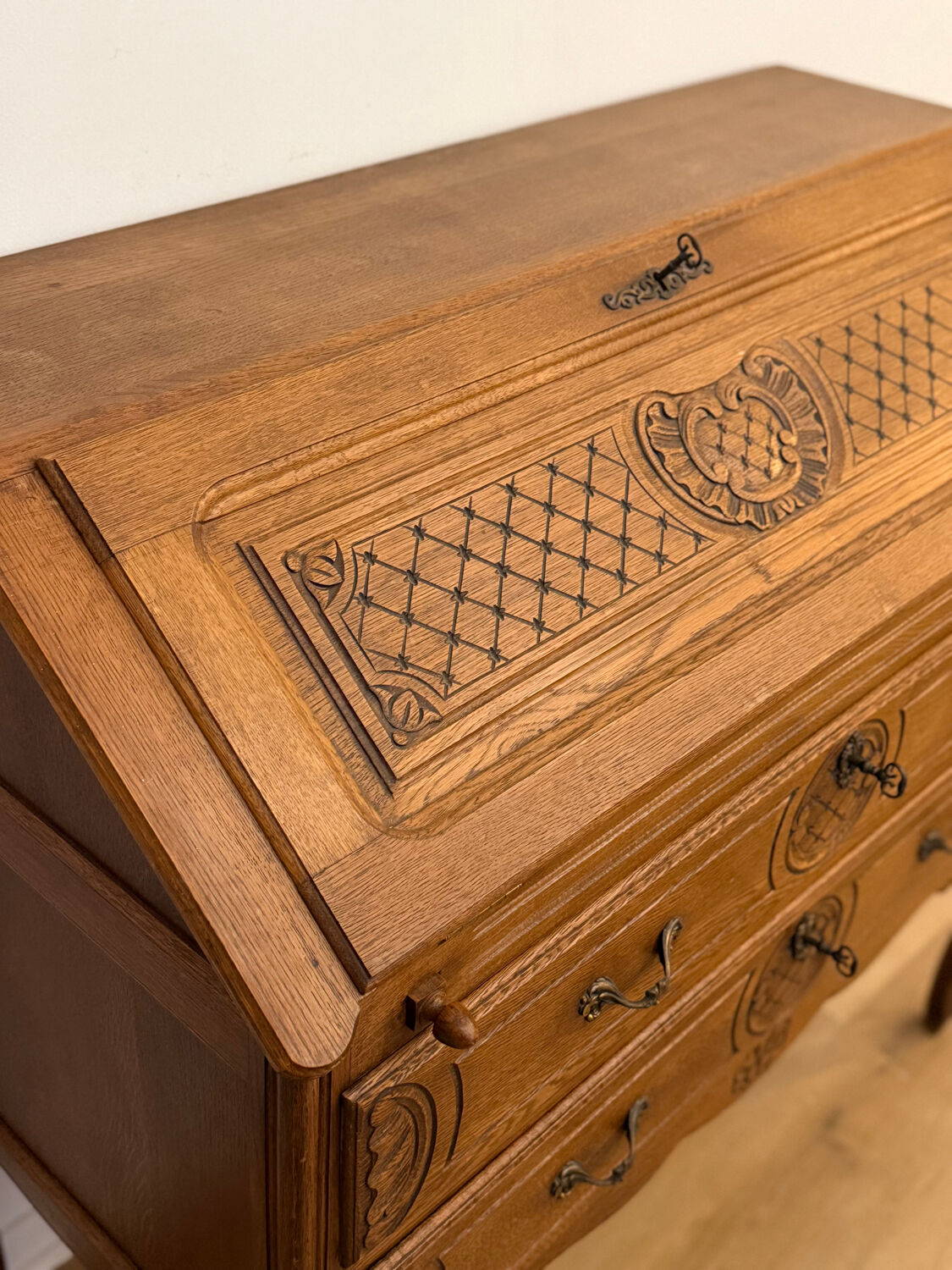 Carved oak secretary