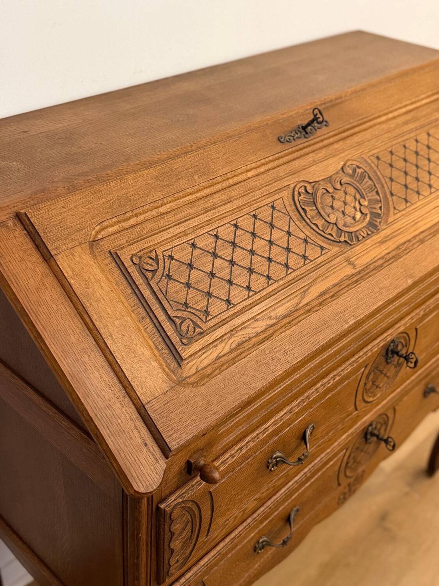 Carved oak secretary