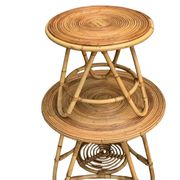 Pair of tripod coffee tables in rattan from the 1950s.
