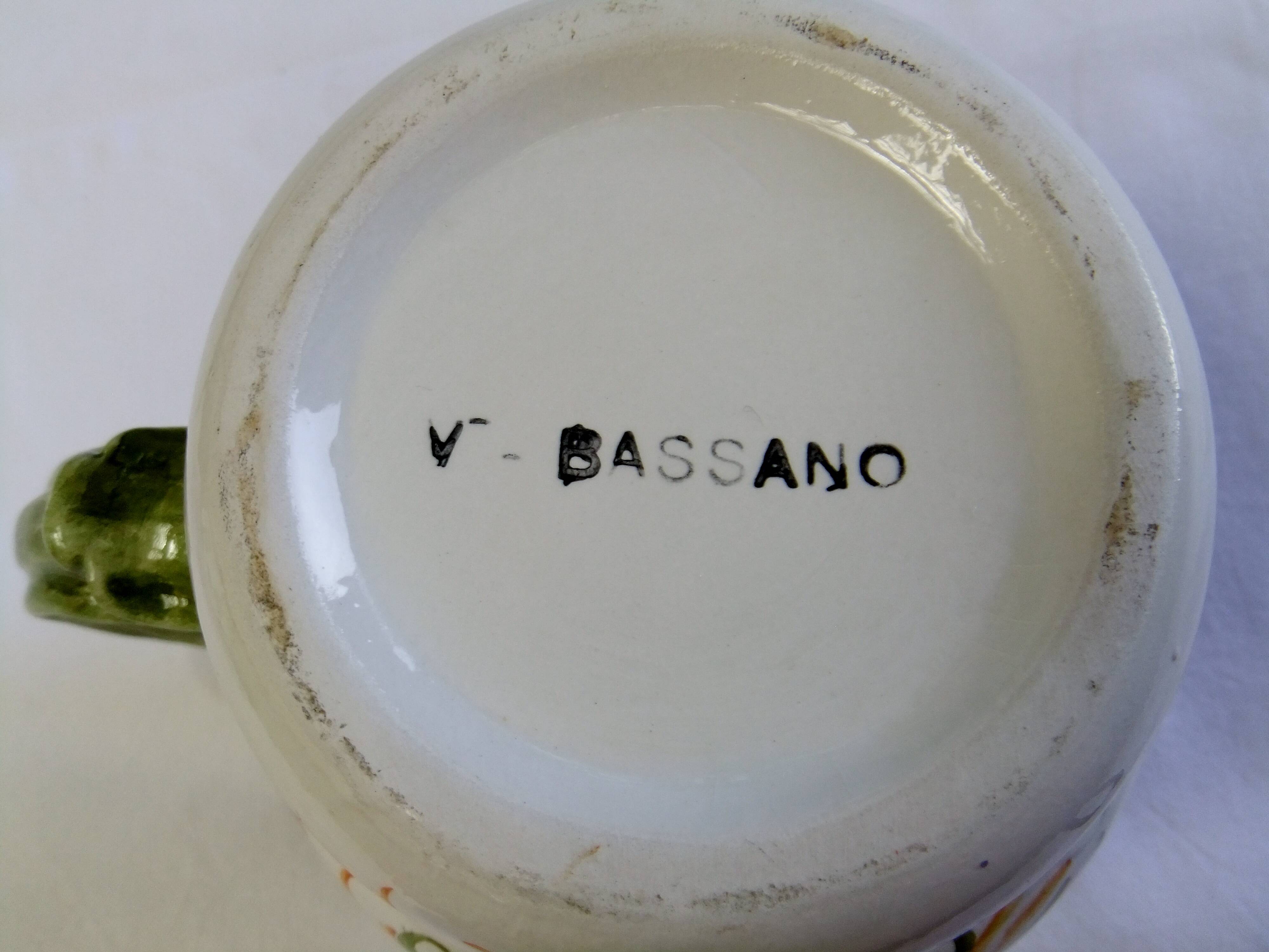 Vintage ceramic slip vase V Bassano pitcher decorated with porcelain flowers