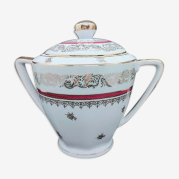 Sugar bowl in Limoge porcelain, golden and burgundy