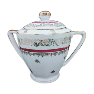 Sucrier en porcelaine de Limoge dorée et bordeaux