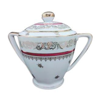 Sugar bowl in Limoge porcelain, golden and burgundy