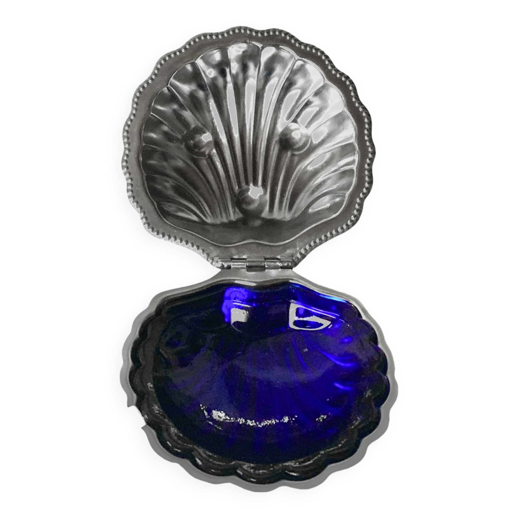 Vintage shell butter dish in stainless steel and cobalt blue glass