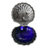 Vintage shell butter dish in stainless steel and cobalt blue glass