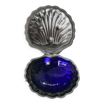 Vintage shell butter dish in stainless steel and cobalt blue glass