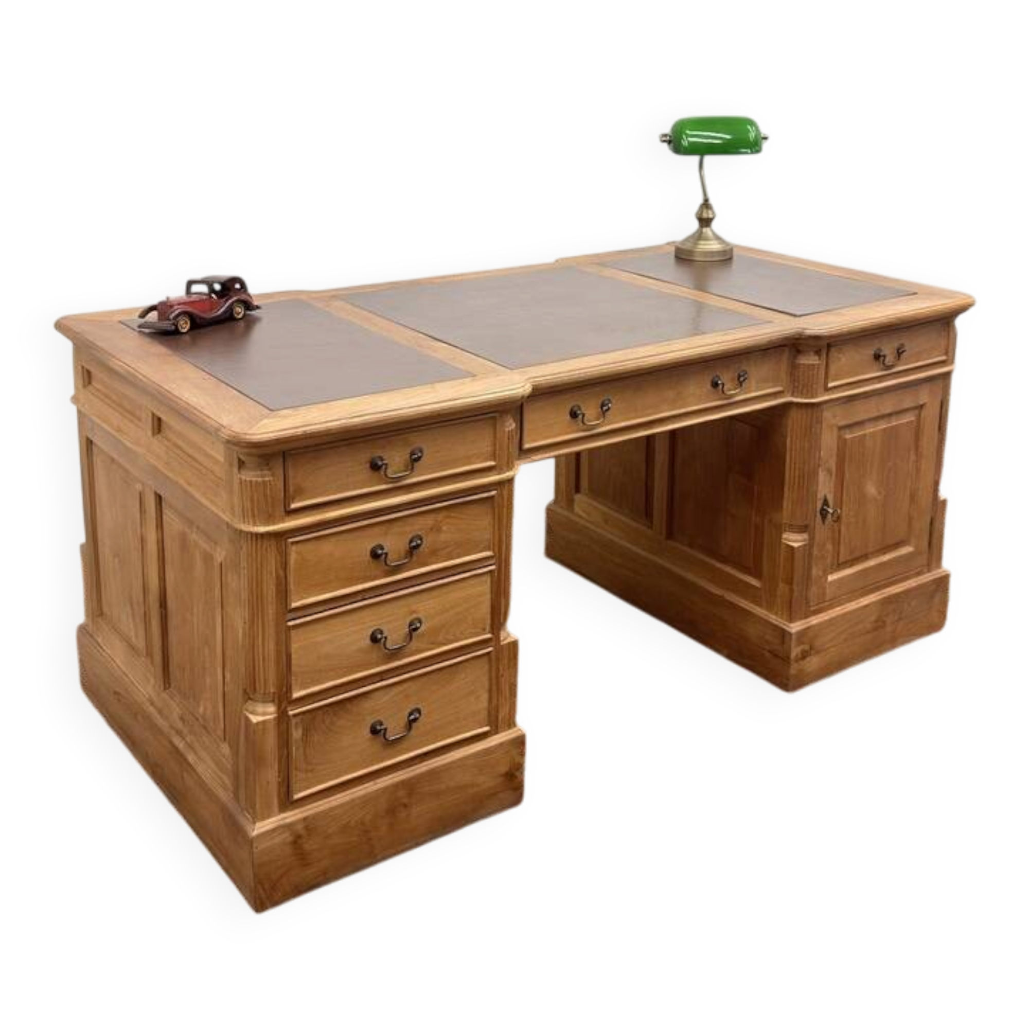 Bureau en teck anglais classique avec cuir marron