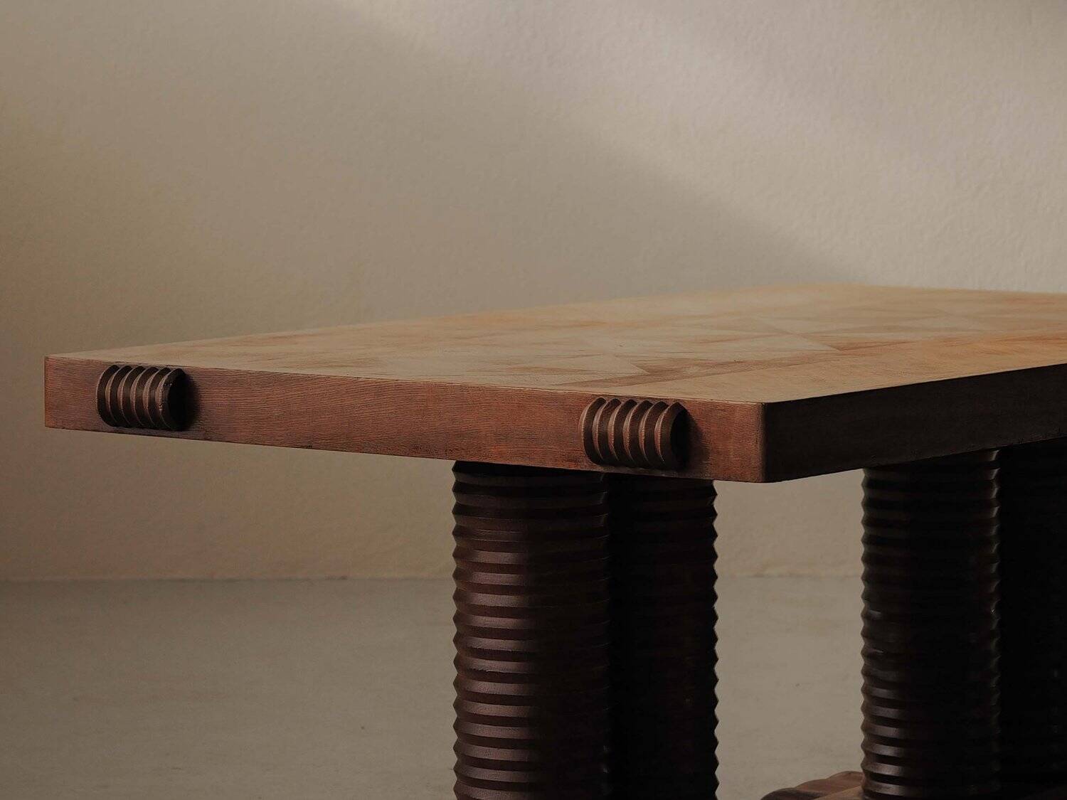 Solid oak table with marquetry, France, circa 1940.