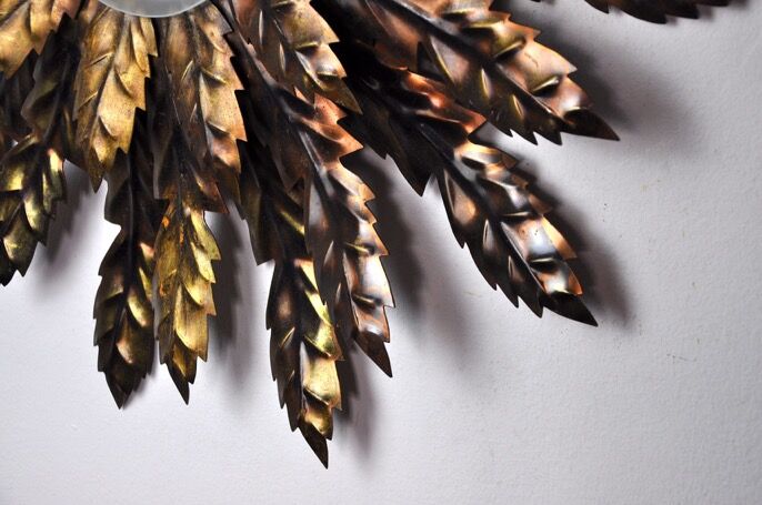 Floral wall lamp sun, golden metal, italy, 1970