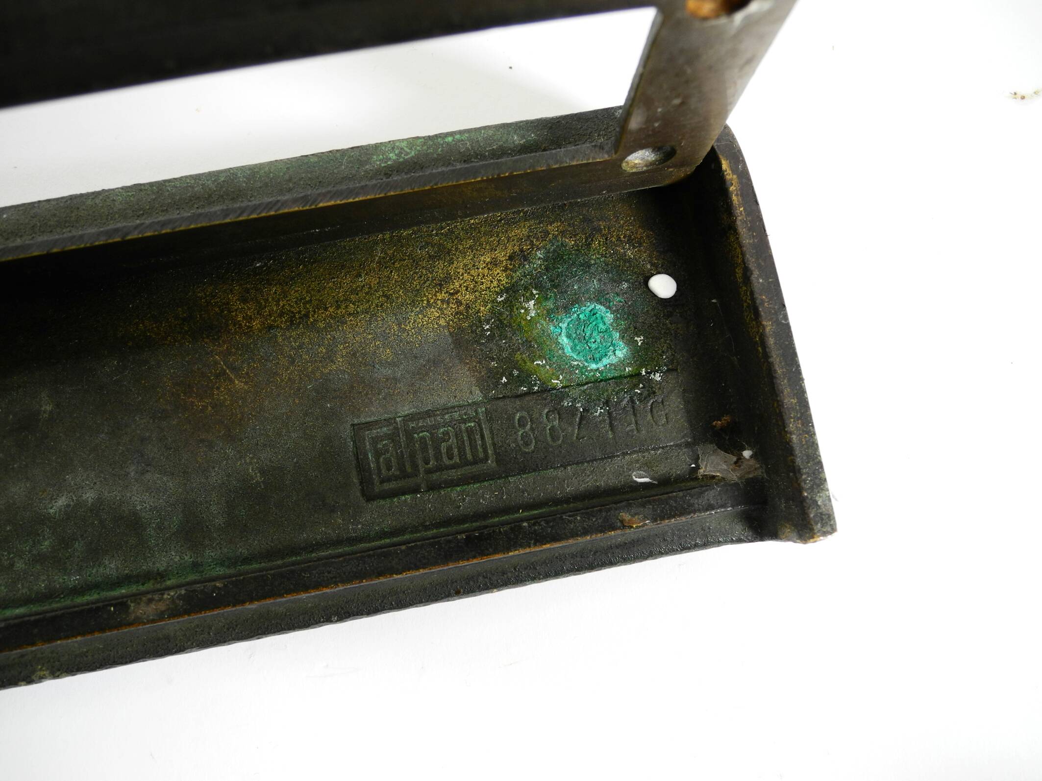 A set of solid 1970s Brutalist pull handles with letter slot and doorbell