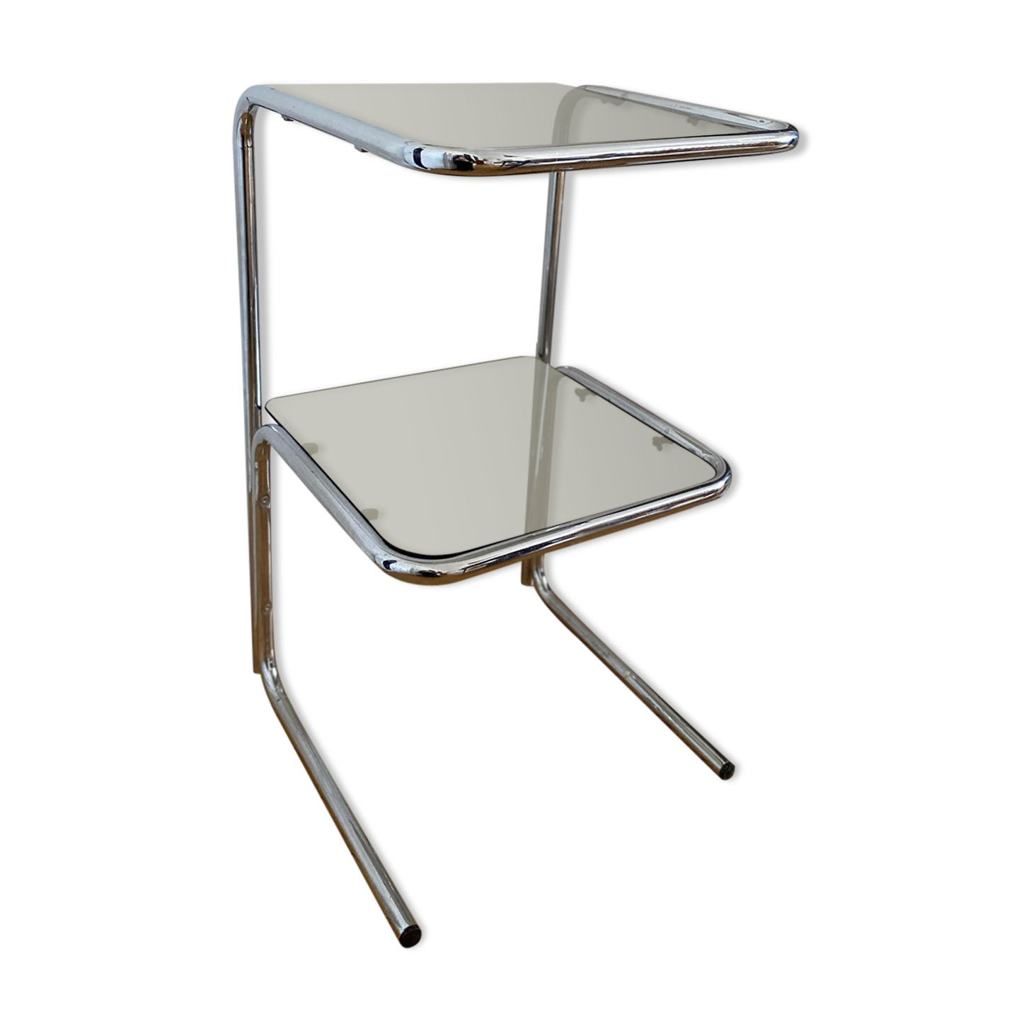 Chrome metal table and smoked glass