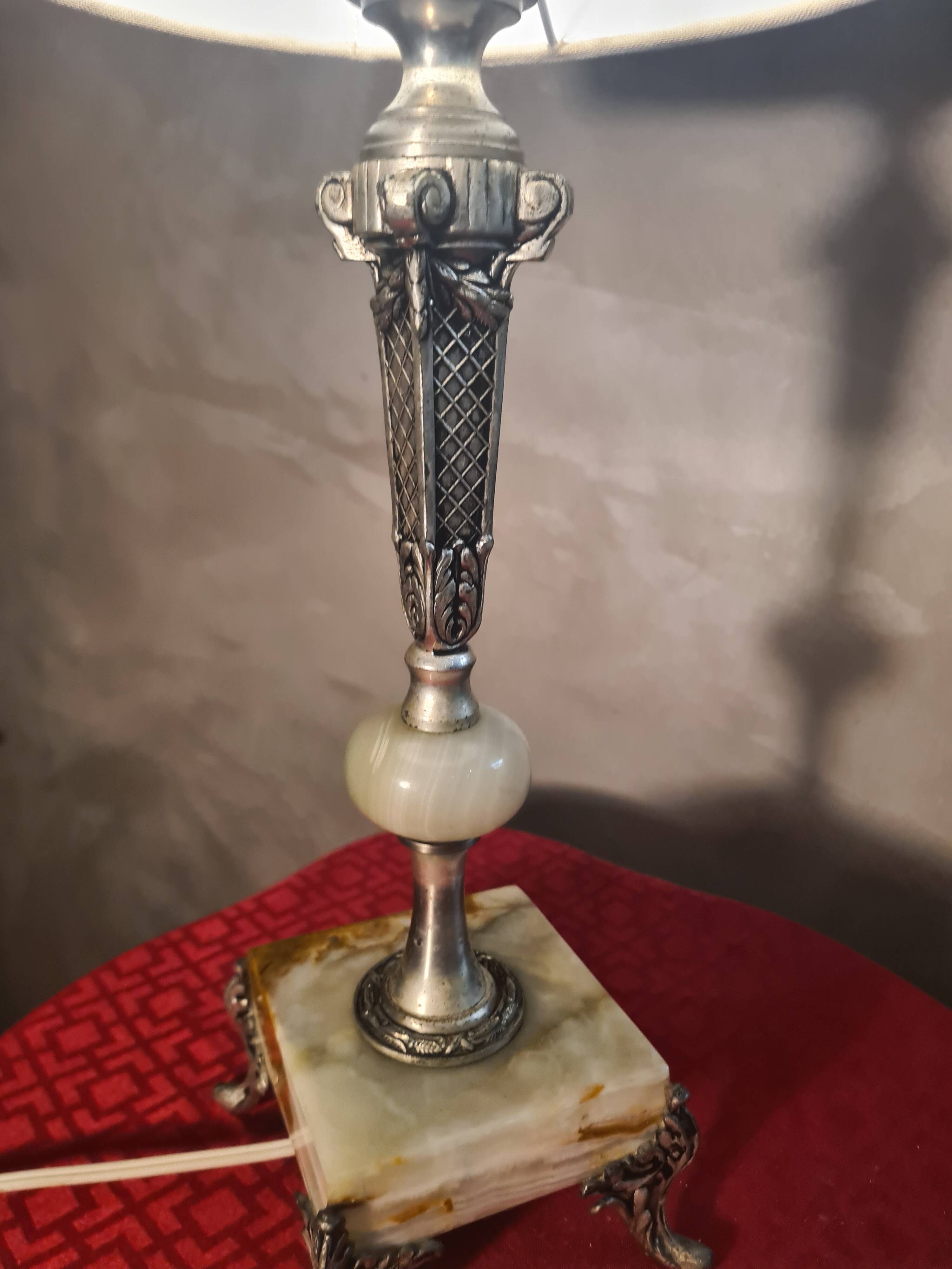 Onyx marble lamp 1970, new linen shade 53x23.