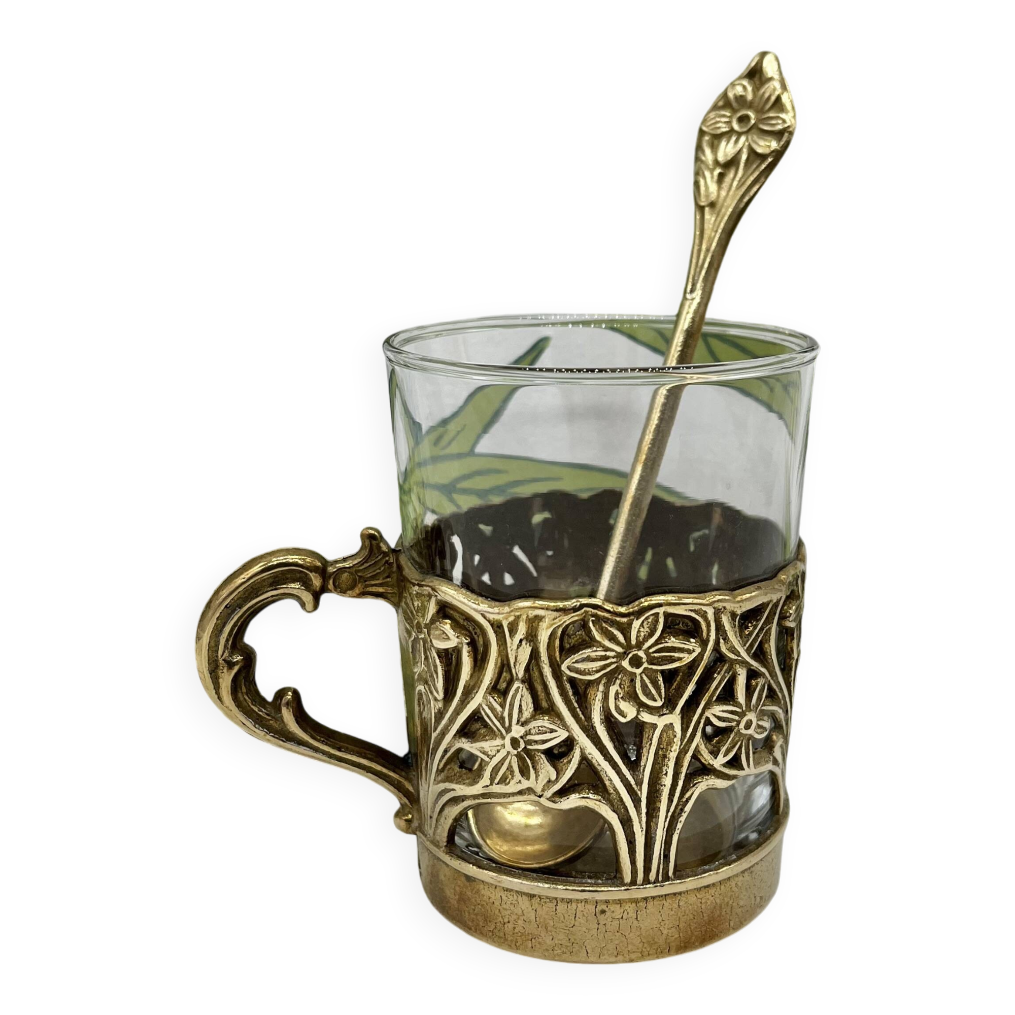 Solid brass teacup and spoon with Art Nouveau flower decor