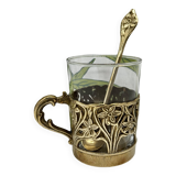 Solid brass teacup and spoon with Art Nouveau flower decor
