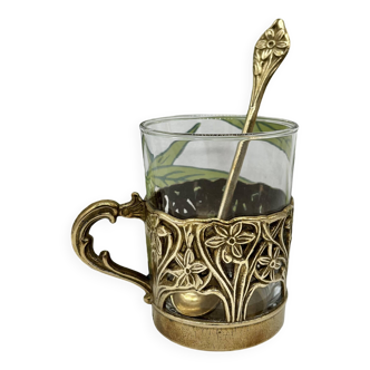 Solid brass teacup and spoon with Art Nouveau flower decor