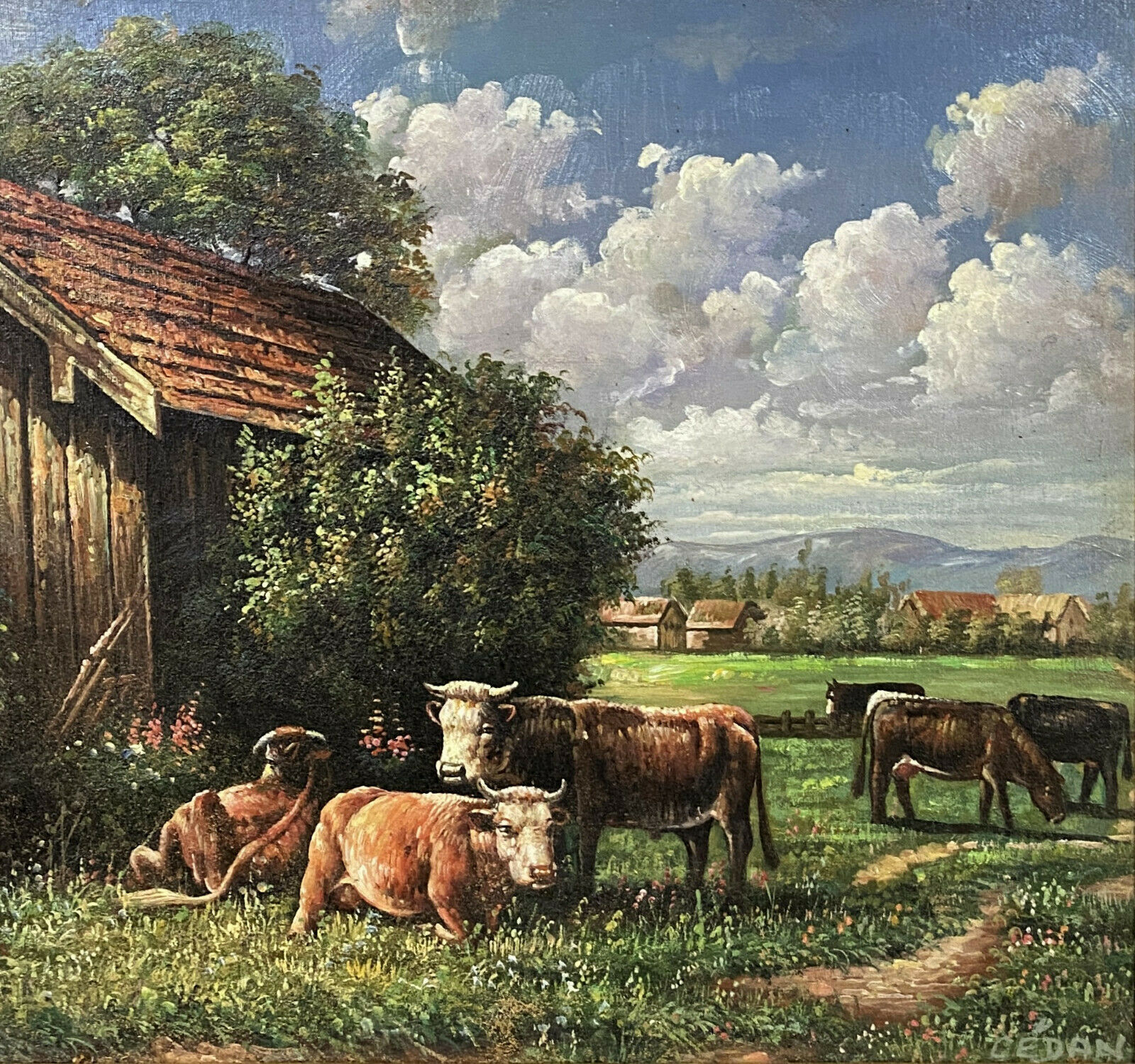 Painting XXeme - Oil on canvas depicting a cow herd signed Cédan 1944
