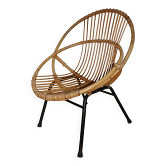 Fauteuil rotin enfant piètement métal 1950