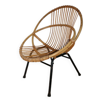 Fauteuil rotin enfant piètement métal 1950
