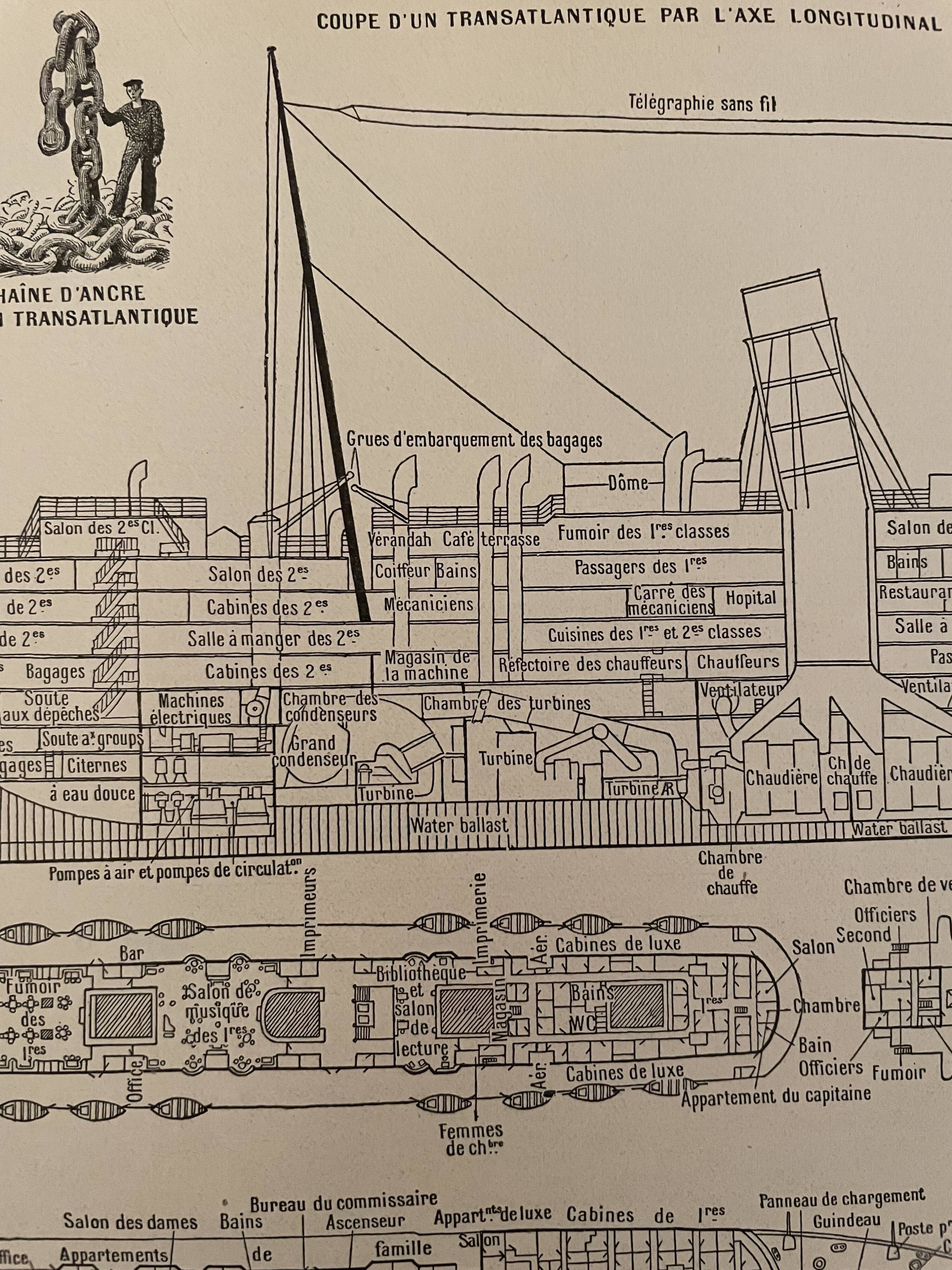 Set of 2 lithographs plan of the transatlantic liner of 1907