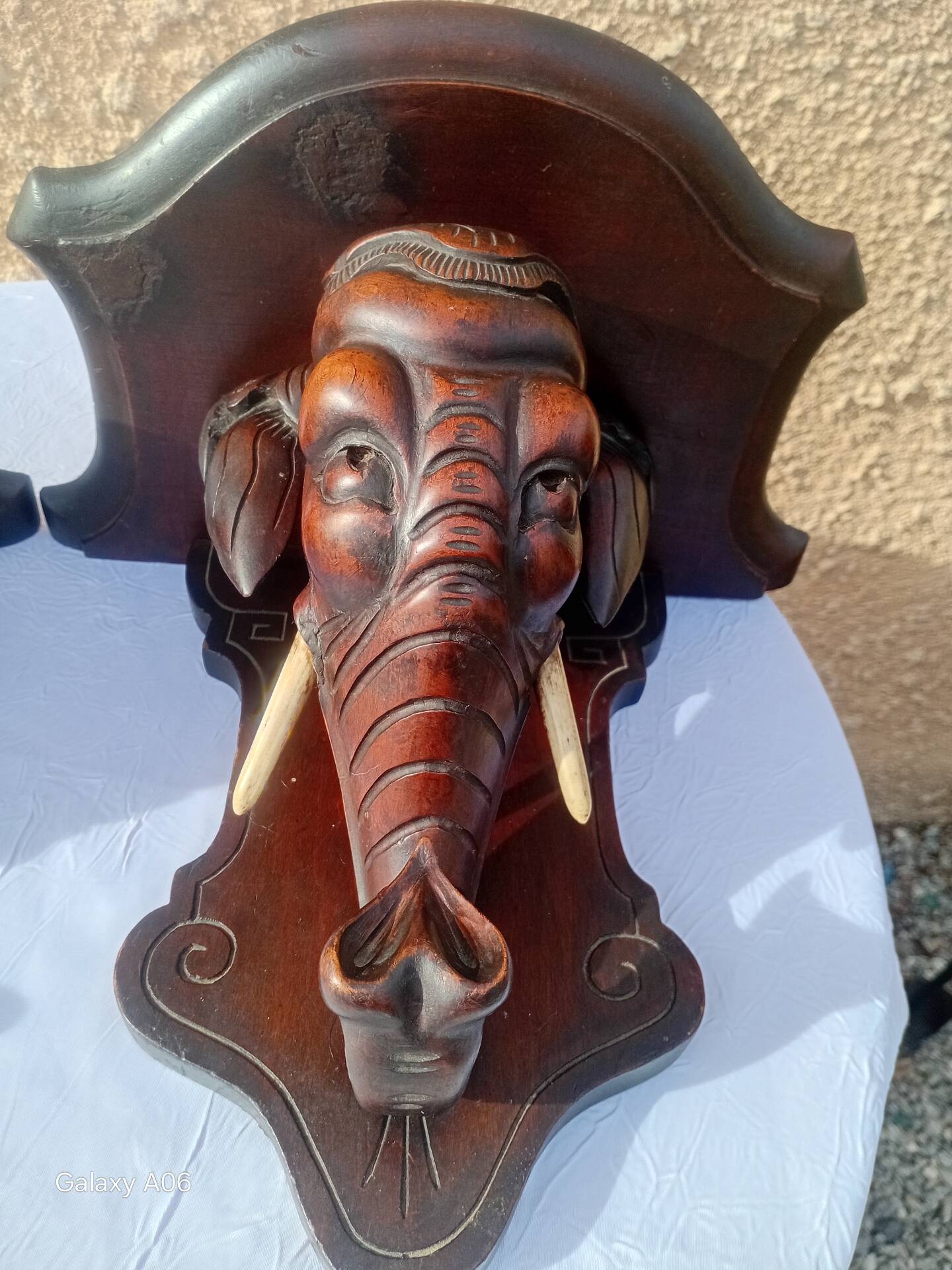 Rare pair of wall-mounted consoles Elephant carved wood J. Derolland